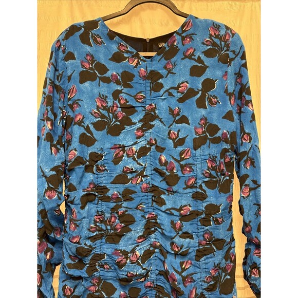 ZARA Mini Dress Womens Large Blue Floral Print Bodycone Long Sleeve NWT - Picture 3 of 10